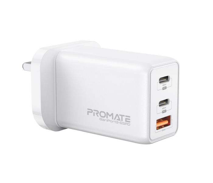 Promate GANPORT3-65PD 65W USB Type-C Laptop Charger Power Delivery Wall Adapter with 30W USB-A Charging Port - White - Zoom Image 1