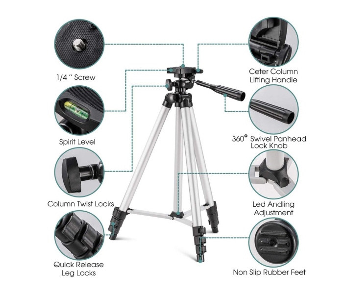 Trands TR-ST368 Tripod Stand with Mobile and Camera Holder - Black and Silver - Zoom Image 2