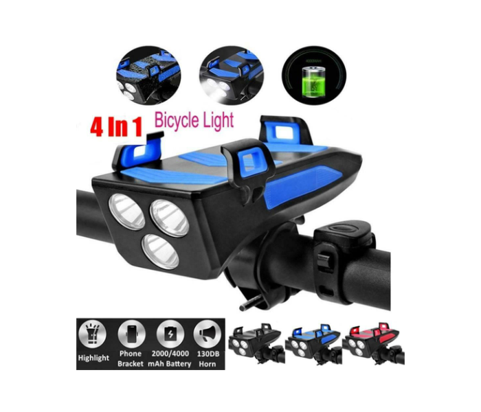 Sytload Bike Front LED Headlight With Horn and Phone Holder with 4000mAh USB Rechargeable Power Bank - Blue and Black - Zoom Image 3