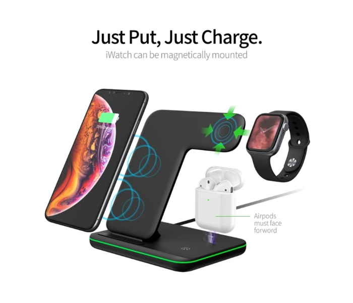 Trands TR-AD6953 3 in 1 Wireless Charger for Smartphone,iWatch and Air Pods - Black - Zoom Image 2