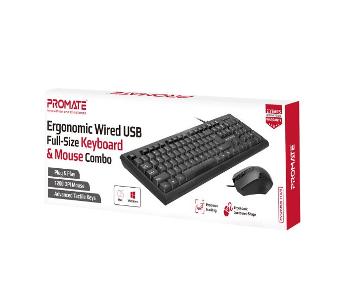 Promate Combo-KM1 Ergonomic Wired USB Full-Size Keyboard and Mouse Combo - Black - Zoom Image 5