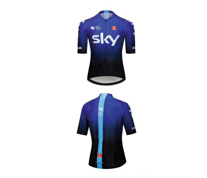 Mens Medium Cycling Jersey Bib Set Full Zip Coolmax Polyester 9D Pad Sky Racing Team Design - Blue and Black - Zoom Image 2