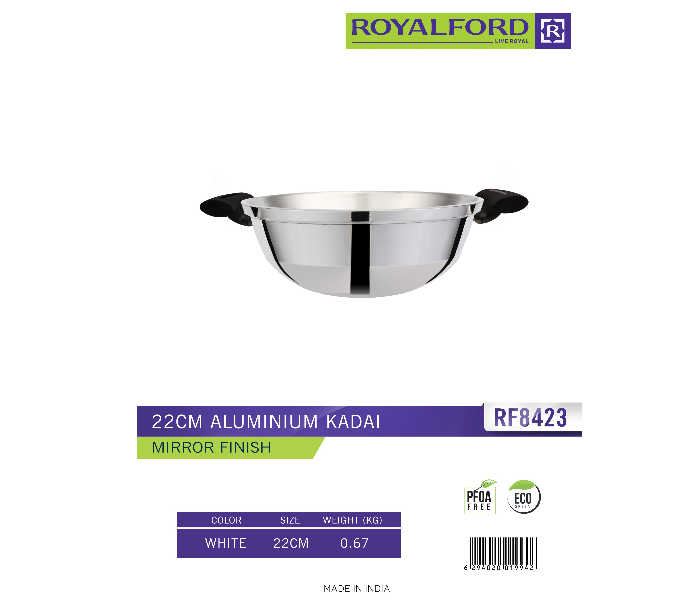 Royalford RF8423 22CM Aluminium Mirror Finish Kadai - Silver - Zoom Image 2