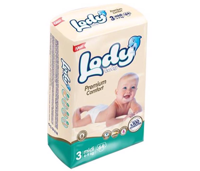 Lody Baby 64 Pieces Midi Size 3 Jumbo Pack Baby Diaper - Zoom Image