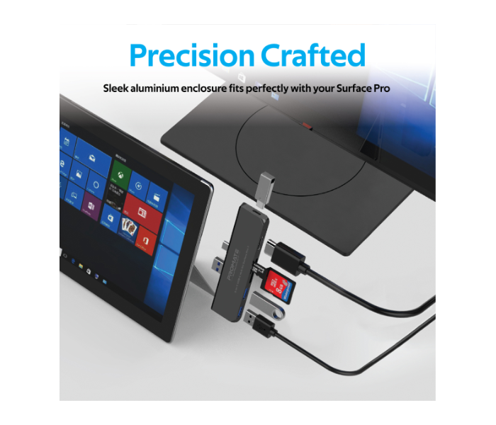 Promate Surfacehub-7 Usb-C Hub For Microsoft Surface Pro 7 - Black - Zoom Image 4