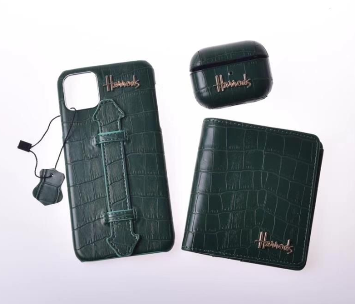 Harrods H1003 3 in 1 Leather Case Set For iPhone 12 - Green - Zoom Image