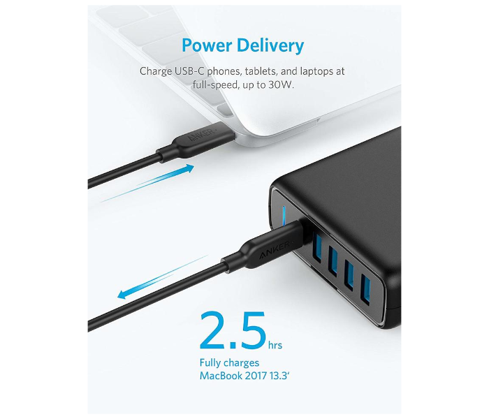 Anker A2056 Premium 60W 5 Port Desktop Charger with One 30W Power Delivery Port - Black - Zoom Image 2