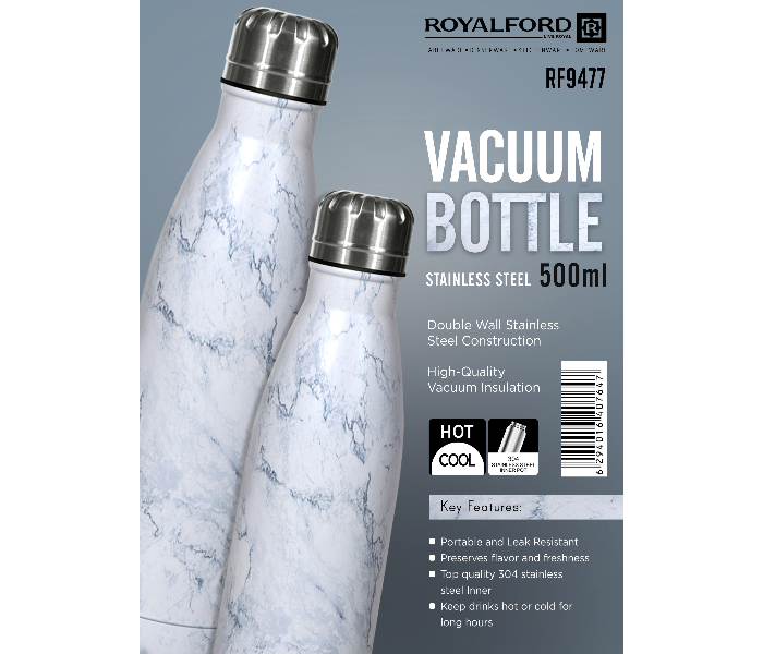 Royalford RF9477 500ml Stainless Steel Marble Design Vacuum Bottle - White, Silver & Blue - Zoom Image 4