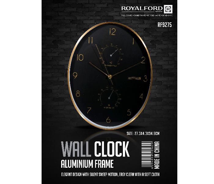 Royalford RF9275 Aluminium Frame Analog Wall Clock - Black & Gold - Zoom Image 2