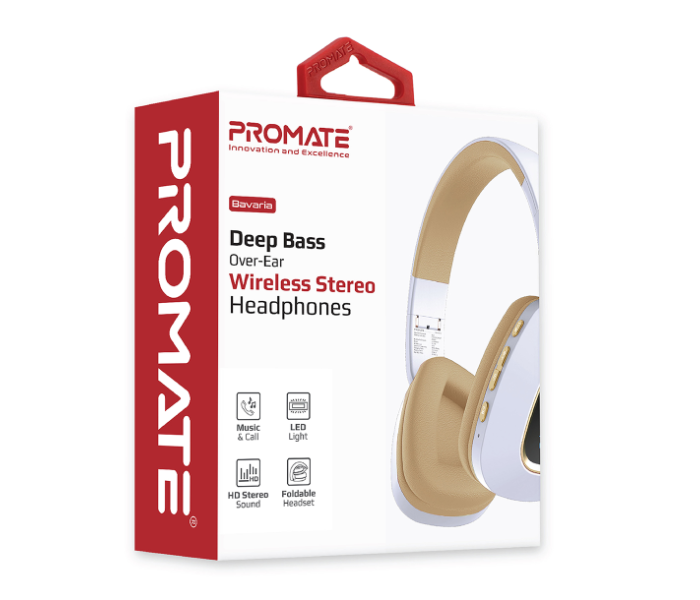 Promate Bavaria Bluetooth Over Ear Deep Bass Wireless Headset with LED Light Earcup - White - Zoom Image 7