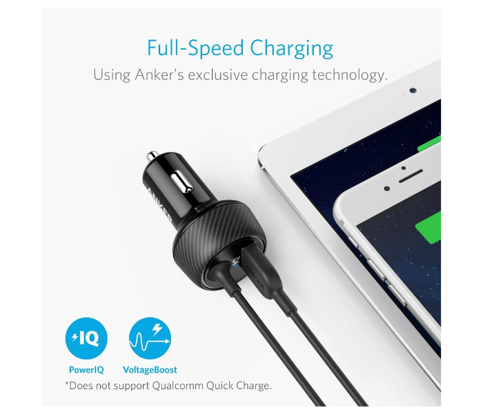 Anker A2214H11 Powerdrive 2 Elite 24W 2 Port Lightning Car Charger with 3 ft MFI Certified Lightning Cable - Black - Zoom Image 2