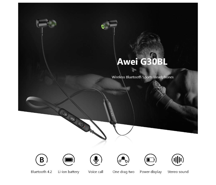 Awei G30BL Neckband Wireless Sport Earphones - Black - Zoom Image 1