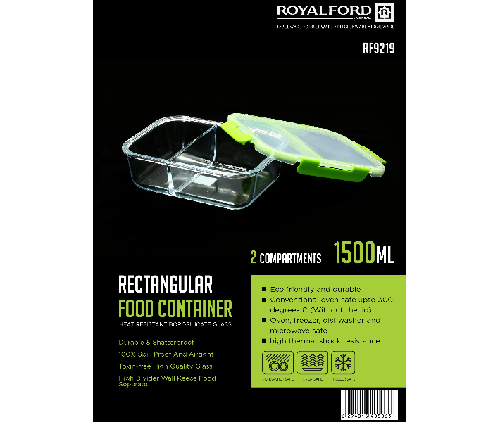 Royalford RF9219 2 Compartment Food Container - 1500ml, Clear & Green - Zoom Image 3