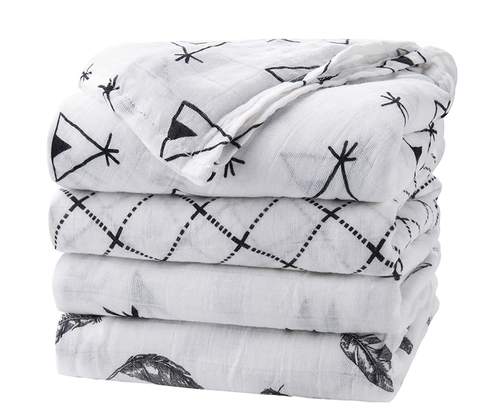 Set of 4 Large Bamboo Muslin Swaddle Blankets for Boys and Girls - White - Zoom Image