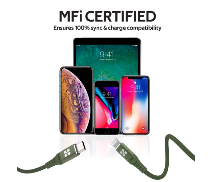 Promate Powercord-200 Mfi Certified Usb-C To Lightning Cable - Green - Zoom Image 6