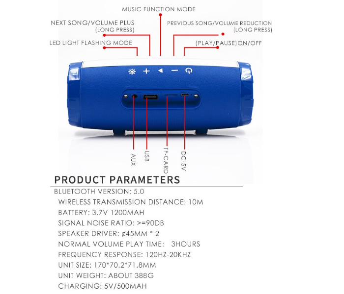 Portable Wireless Bluetooth Speaker LED Flash Style Outdoor Subwoofer Support FM Radio and TF Card- Blue - Zoom Image 3