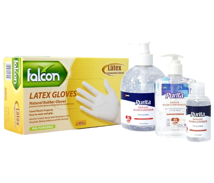 Falcon Latex Gloves and Purita Instant Hand Sanitizer Gel 500ml 250ml 60ml Set - Zoom Image