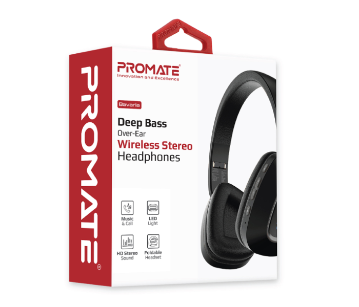 Promate Bavaria Bluetooth Over Ear Deep Bass Wireless Headset with LED Light Earcup - Black - Zoom Image 7