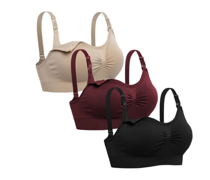 Pack of 3 Large Lataly Womens Seamless Nursing Bra Sleeping Maternity Bralette for Breastfeeding - Red,Beige and Black - Zoom Image 1