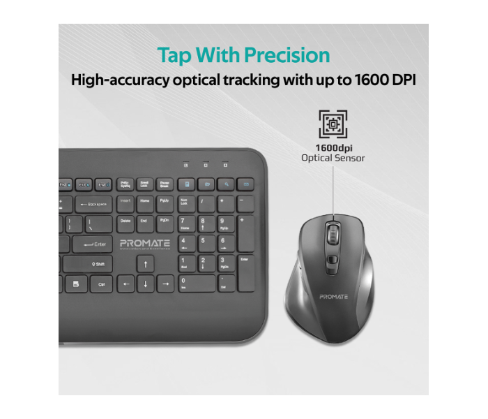 Promate ProCombo-8 English Wireless Keyboard and Mouse Combo - Black - Zoom Image 4