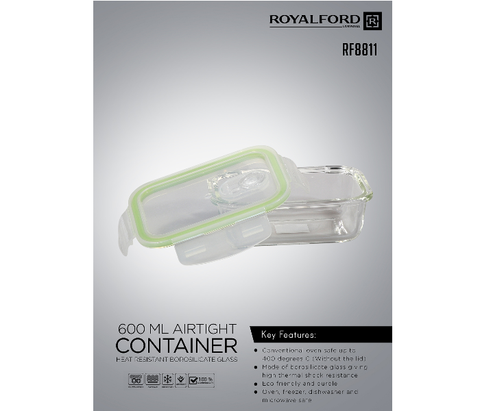 Royalford RF8811 Borosilicate Rectangular Airtight Glass Container - Clear & Green - Zoom Image 1