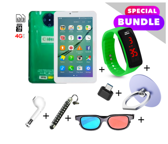 C idea CM498 7 inch Dual Sim 3GB RAM 32GB ROM  Android 4G LTE Tablet with Combo of Power Bank-Airpod-Finger Holder-Touch Pen-OTG Connector-3D Spectacles and LED Watch - Green and Black - Zoom Image