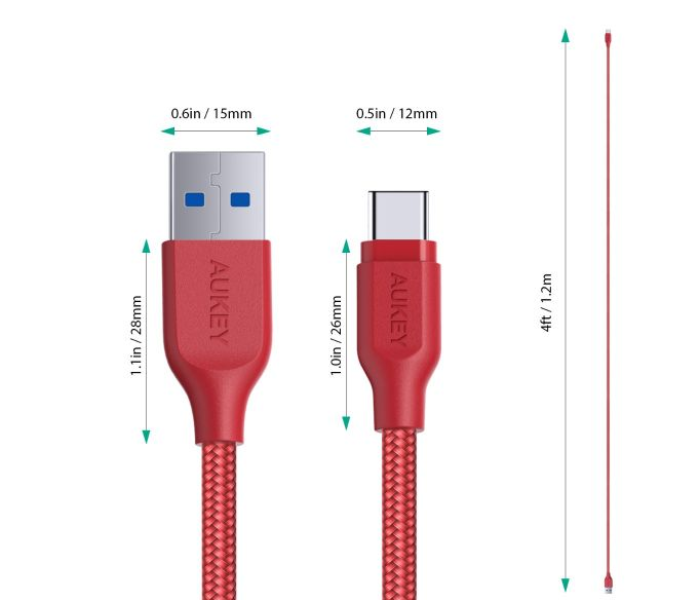 Aukey 1.2 Meter Aluminum Head USB Type C Braided Cable - Red - Zoom Image 3