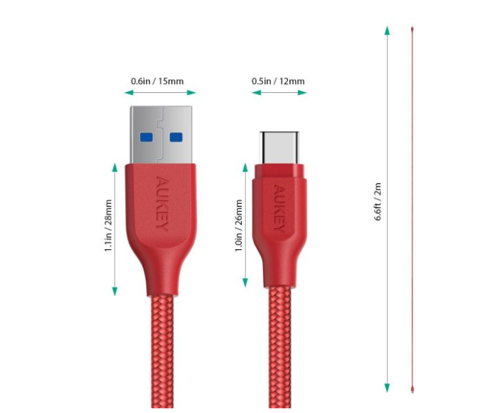 Aukey 2 Meter Aluminum Head USB Type C Braided Cable - Red - Zoom Image 2