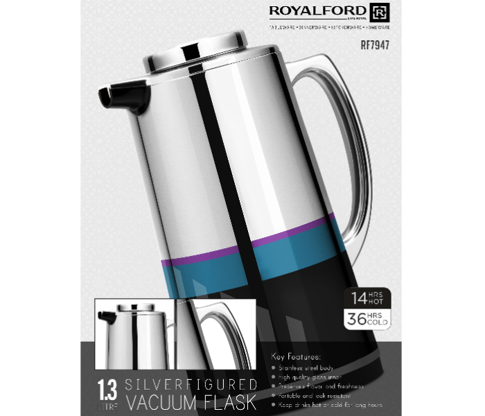 Royalford RF7947 1.3 Litre Silver Figured Vacuum Flask - Multicolor - Zoom Image 3