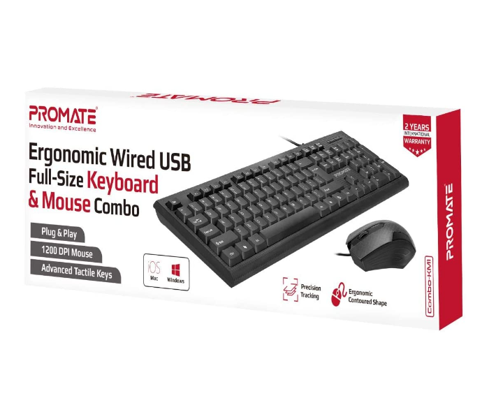 Promate Ergonomic Full-Sized Silent Keys Wired Keyboard with 1200Dpi Optical Sensor USB Mouse Combo- Black - Zoom Image 6