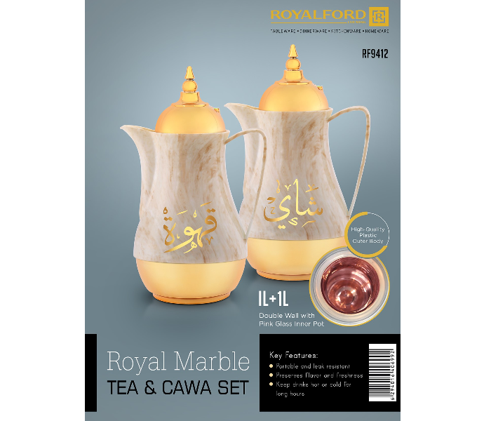 Royalford RF9412 2 Pieces 1 Litre Marble Teapot Set - Brown & Gold - Zoom Image 4