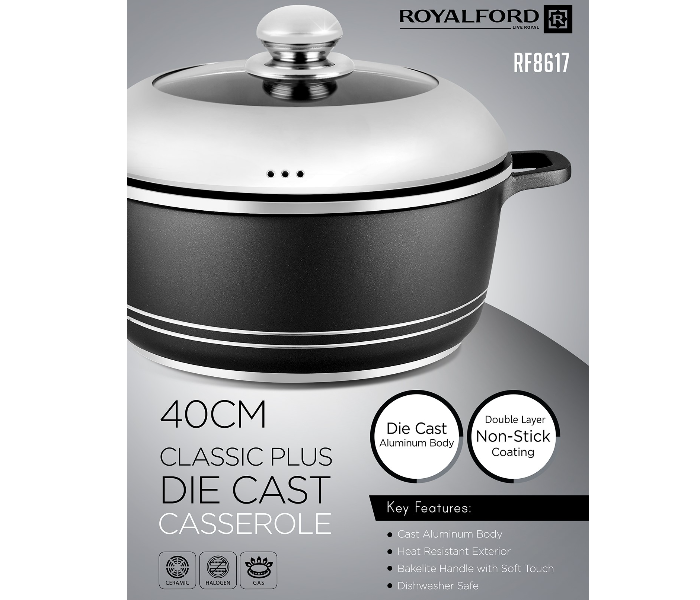 Royalford RF8617 40CM Classic Die-Cast Aluminum Casserole - Black & Stainless Steel - Zoom Image 4