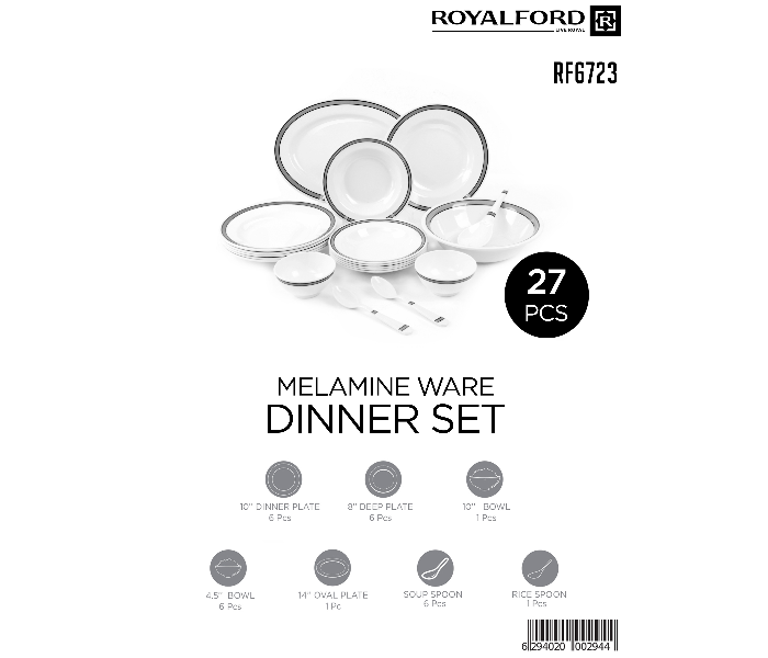 Royalford RF6723 27 Pieces Melamine Ware Dinner Set - White & Grey - Zoom Image 6