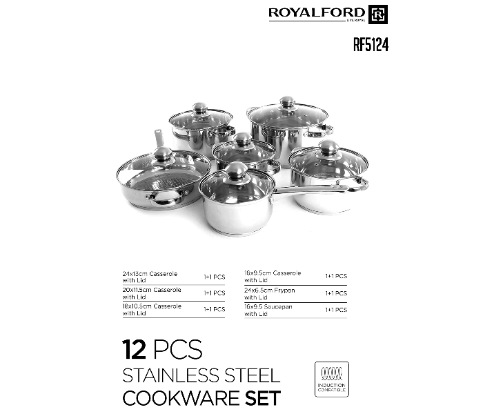 Royalford RF5124 12 Pieces Stainless Steel Cookware Set - Silver - Zoom Image 3