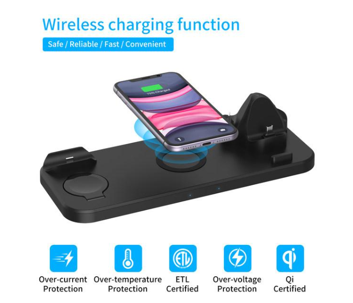 6 in 1 Stand Qi Fast Charging Wireless Charger Dock Station For All Qi certified mobiles , Apple Watch and AirPods - Zoom Image 3