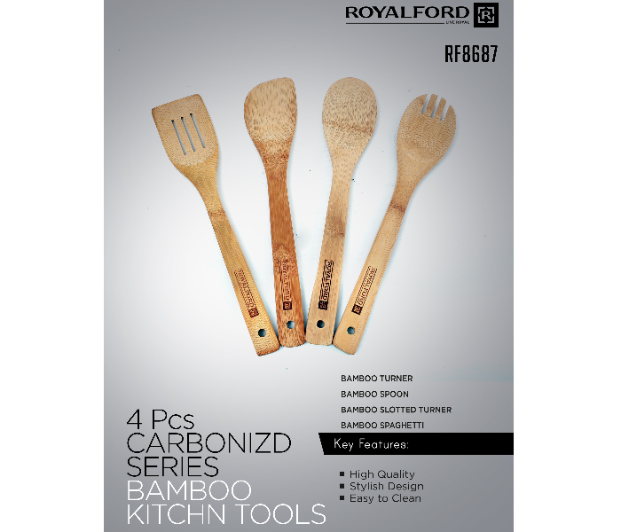 Royalford RF8687 4 Pieces Carbonizd Bamboo Kitchen Tools - Brown - Zoom Image 2