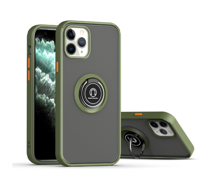 Silicone Soft Edge Mobile Case with Metal Finger Ring Holder Stand for Apple iPhone 12 and 12 Pro - Army Green - Zoom Image 1