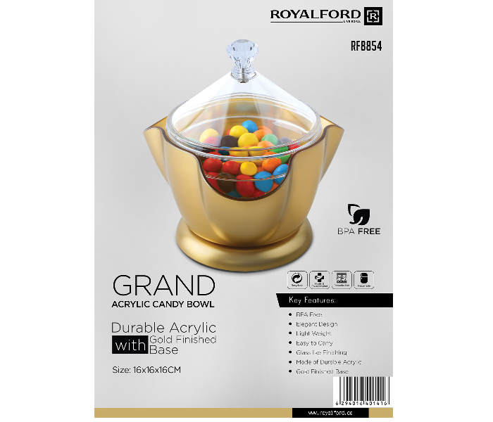 Royalford RF8854 Grand Acrylic Candy Bowl - Clear & Gold - Zoom Image 2