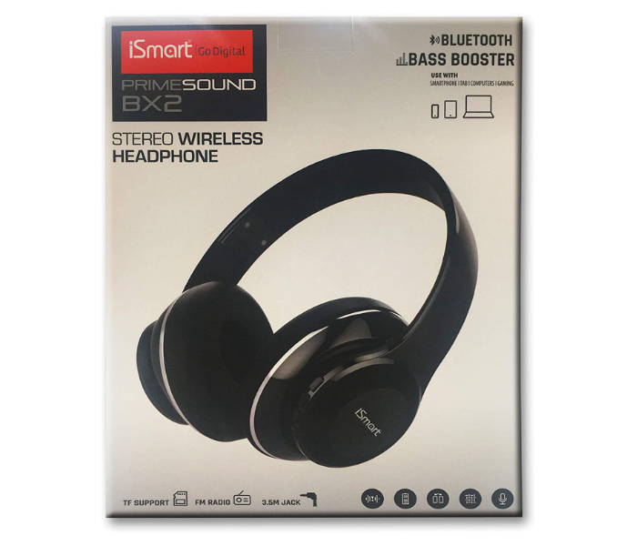 iSmart Stereo Wireless Headphone Prime Sound BX2 Bluetooth Bass Booster - Black - Zoom Image 3