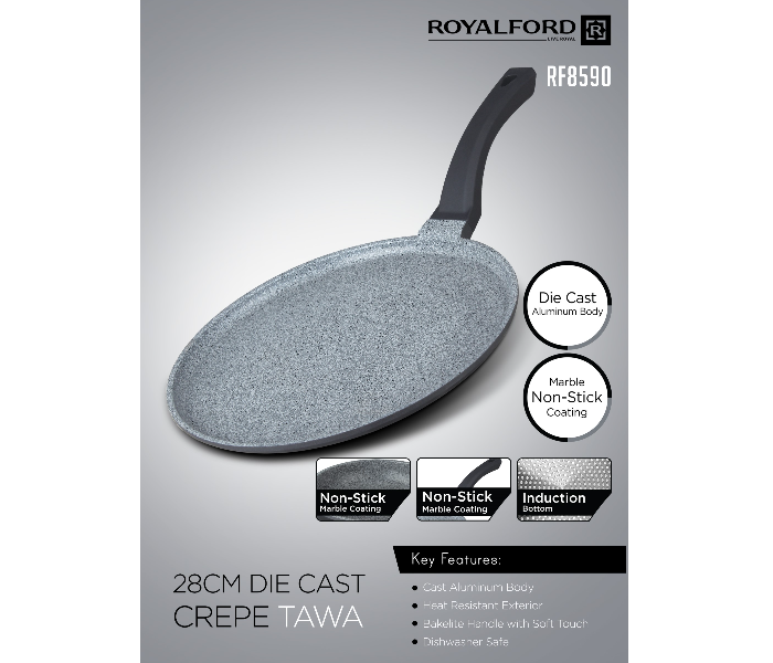 Royalford RF8590 28CM Non-Stick Die Cast Crepe Tawa - Grey & Black - Zoom Image 5