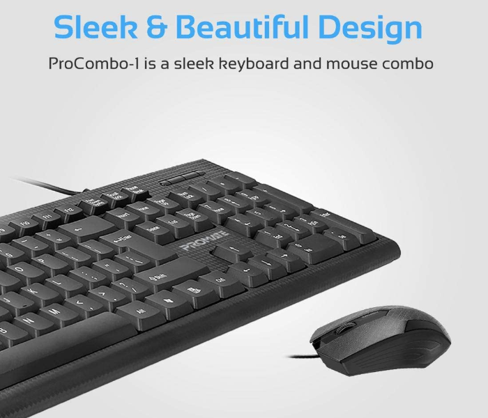 Promate Ergonomic Full-Sized Silent Keys Wired Keyboard with 1200Dpi Optical Sensor USB Mouse Combo- Black - Zoom Image 3