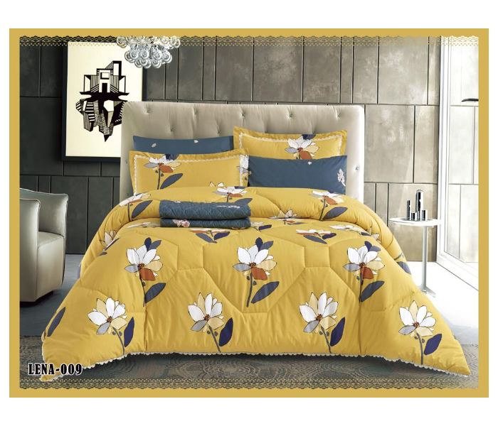 Dual Faces Flower Design King Size Two Sided Cotton Comforter Set - Yellow - Zoom Image