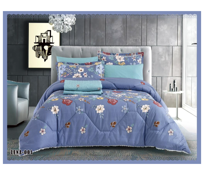 Dual Faces Flower Design King Size Two Sided Cotton Comforter Set - Blue - Zoom Image