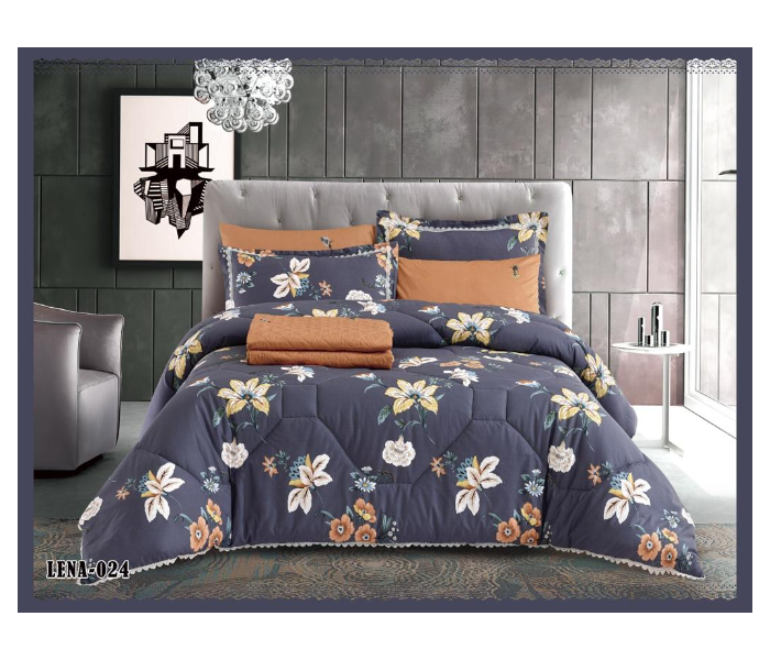 Dual Faces Flower Design King Size Two Sided Cotton Comforter Set - Blue and Brown - Zoom Image