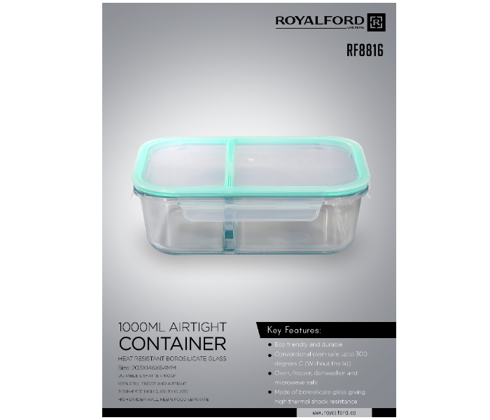 Royalford RF8816 1 Litre Air Tight Food Container - Clear & Turquoise - Zoom Image 2