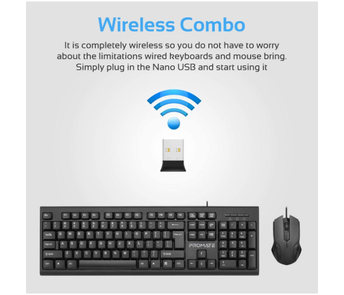 Promate Ergonomic Full-Sized Silent Keys Wired Keyboard with 1200Dpi Optical Sensor USB Mouse Combo- Black - Zoom Image 2