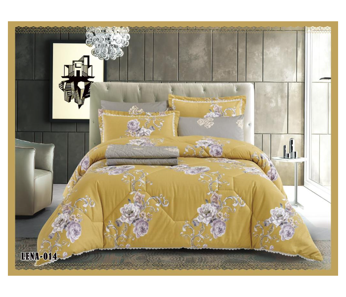 Dual Faces Flower Design King Size Two Sided Cotton Comforter Set - Yellow and Grey - Zoom Image