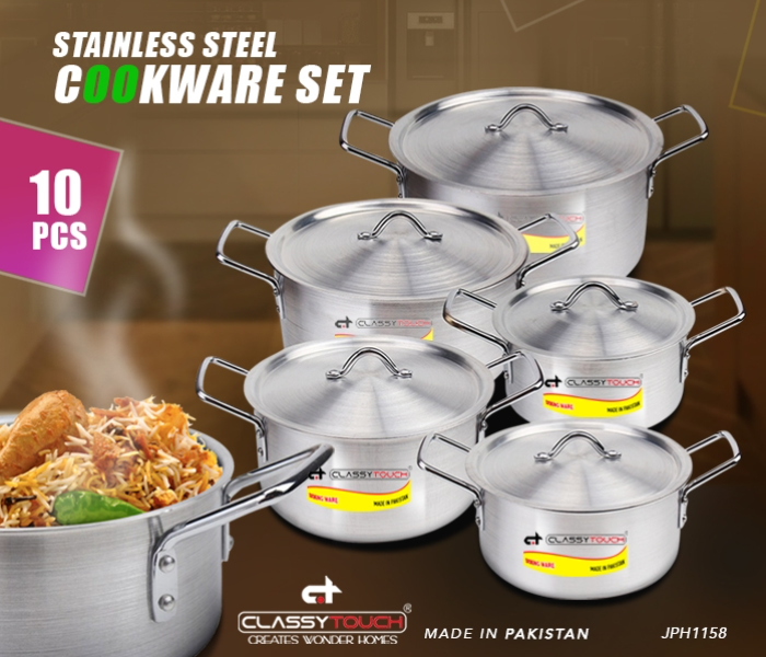 Classy touch 10-Piece Cookware Set Aluminium Good Quality Pakistan Made- Silver - Zoom Image 2