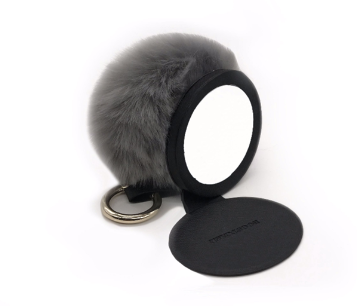 Power Pom Pom Fur Bag Charm and Portable Charger 2000mAh - Faux Silver Grey - Zoom Image