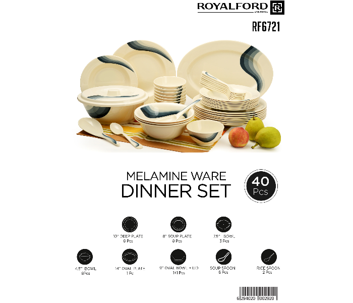 Royalford RF6721 40 Pieces Melamine Dinner Set - Ivory & Blue - Zoom Image 4